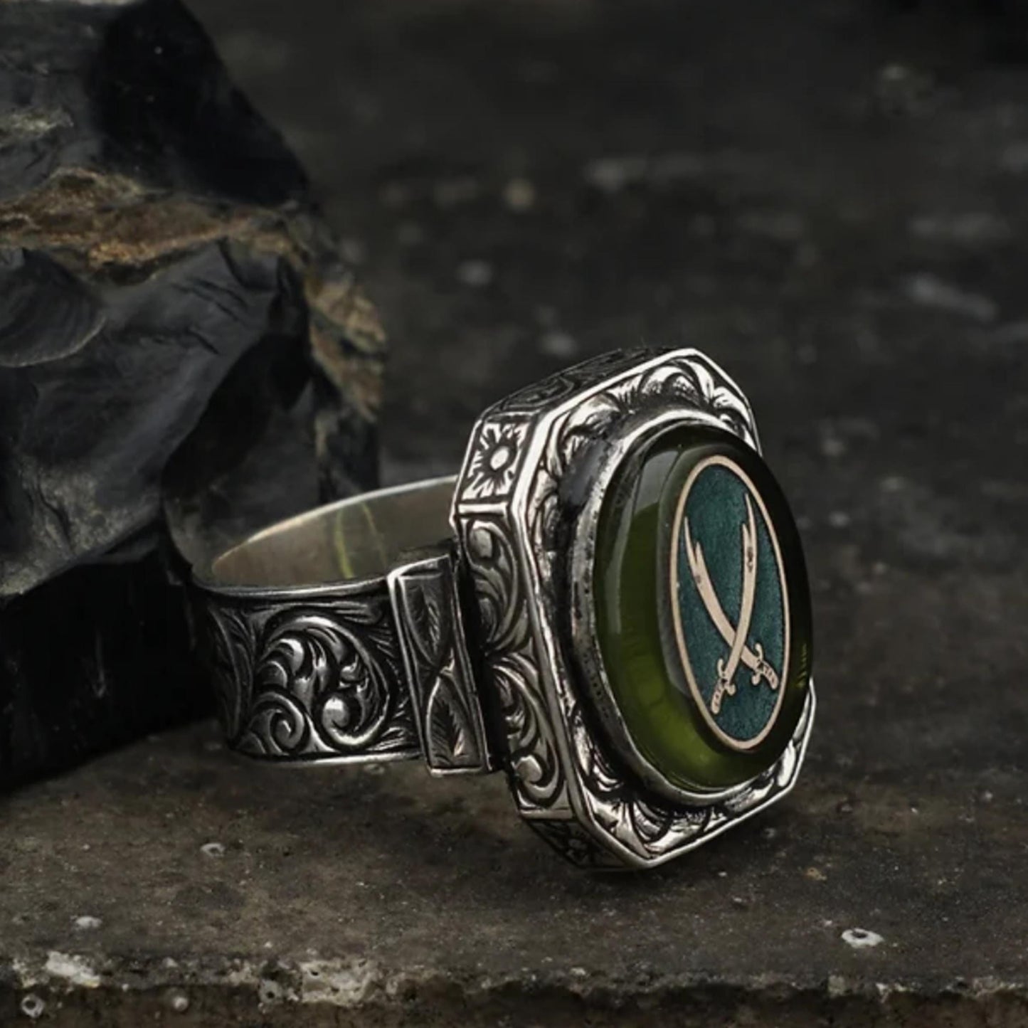 Green Amber Zulfiqar Ring – Adjustable Spiritual Jewelry | 925 Silver