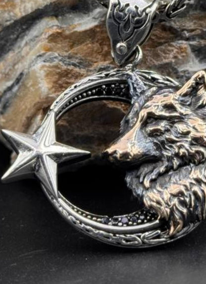 Wolf Head Necklace – Red & Black Zircon, Crescent | 925 Silver