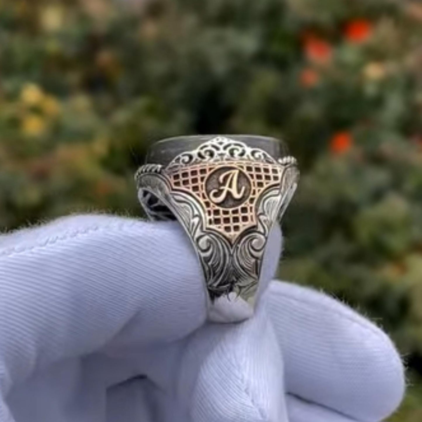 Double-Headed Eagle Ring – Black Amber & Initial Engraving | 925 Silver