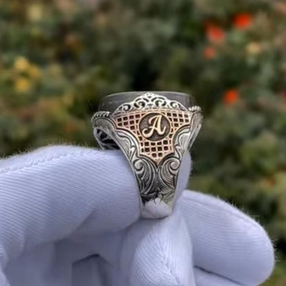 Double-Headed Eagle Ring – Black Amber & Initial Engraving | 925 Silver
