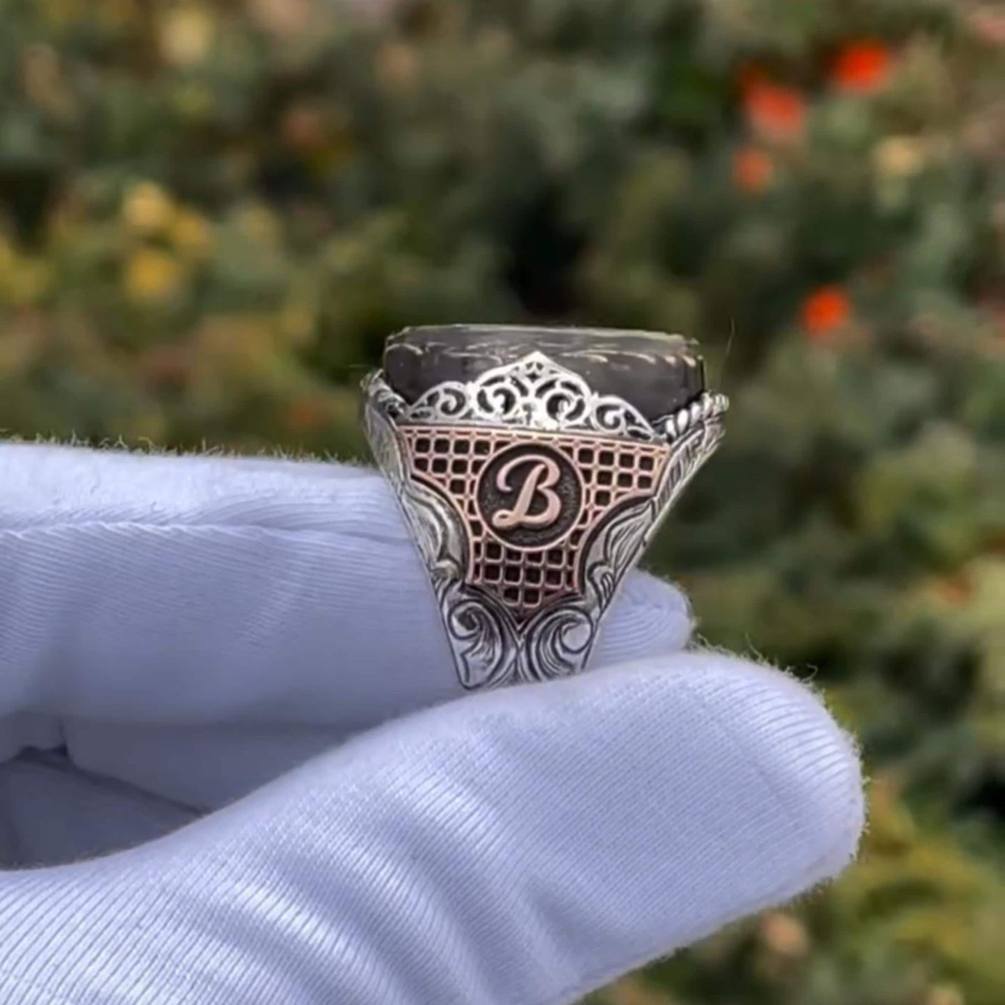 Double-Headed Eagle Ring – Black Amber & Initial Engraving | 925 Silver