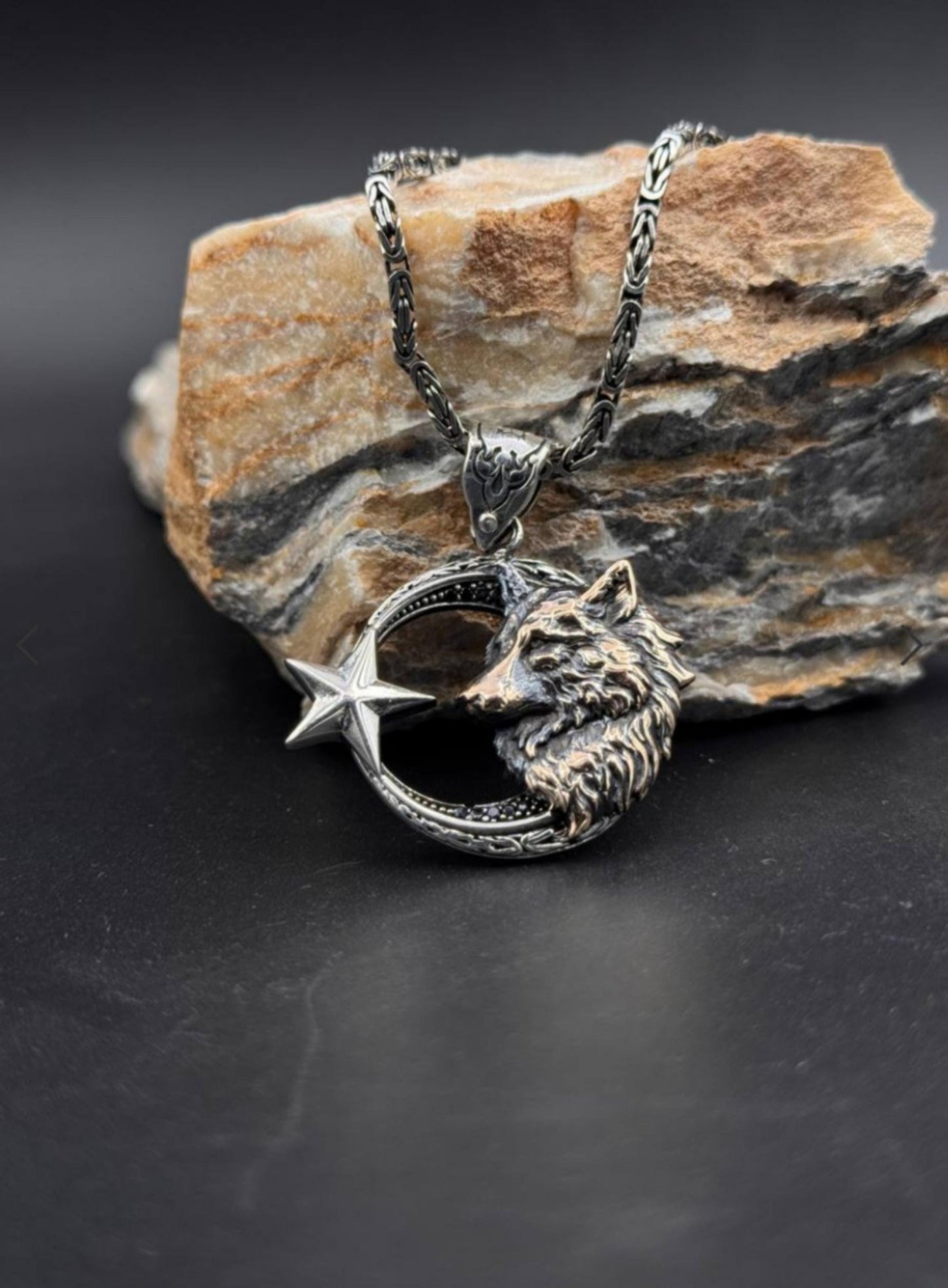 Wolf Head Necklace – Red & Black Zircon, Crescent | 925 Silver