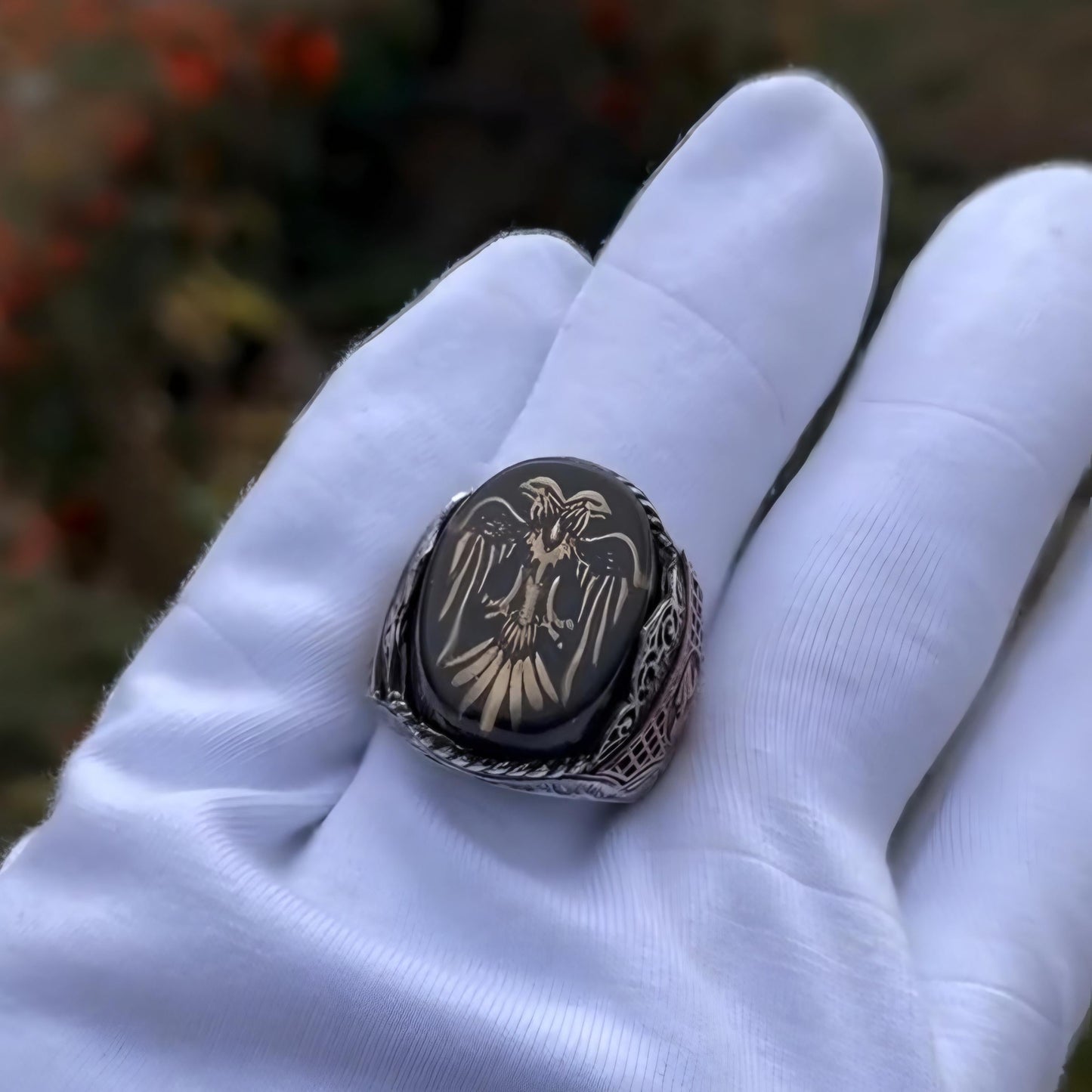 Double-Headed Eagle Ring – Black Amber & Initial Engraving | 925 Silver
