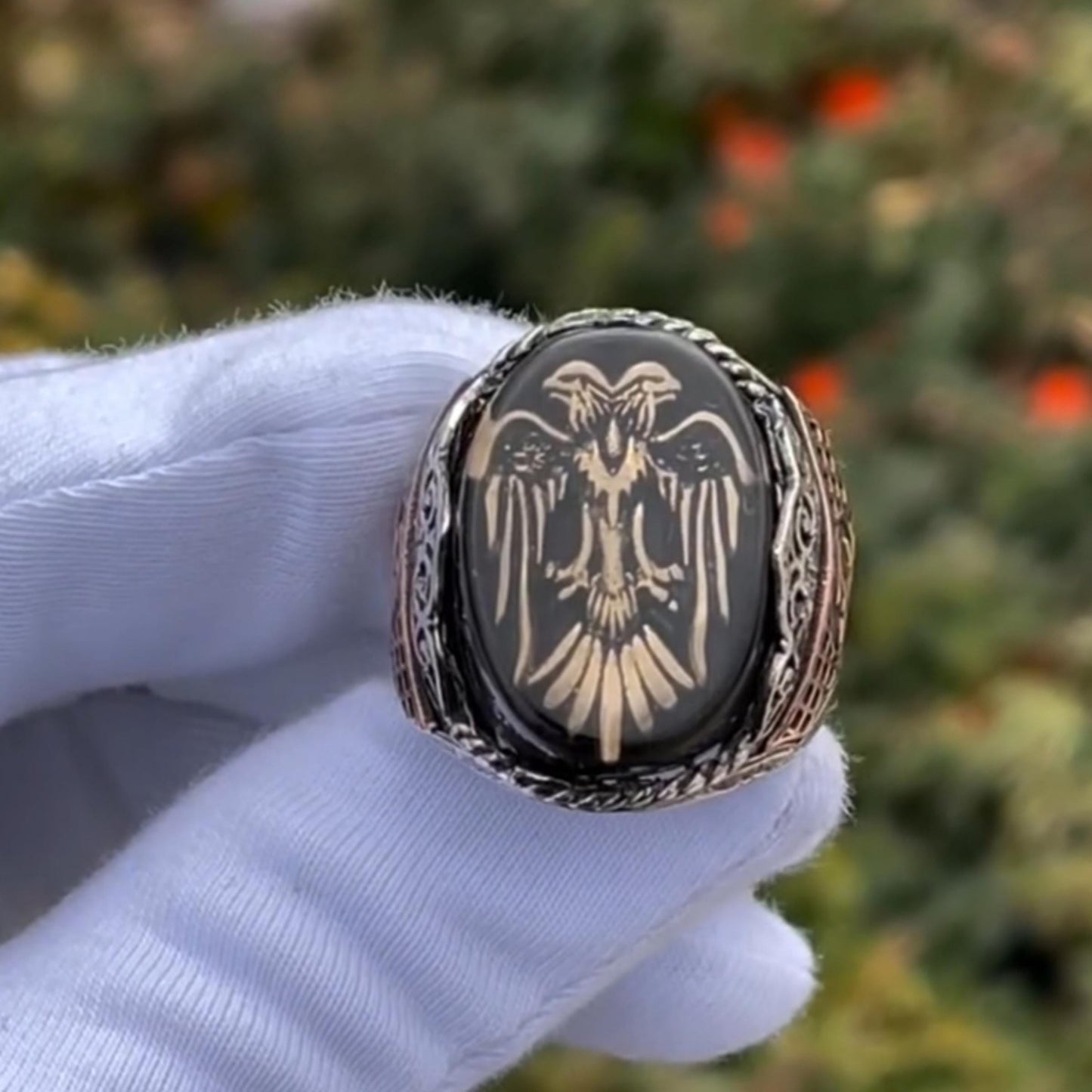 Double-Headed Eagle Ring – Black Amber & Initial Engraving | 925 Silver