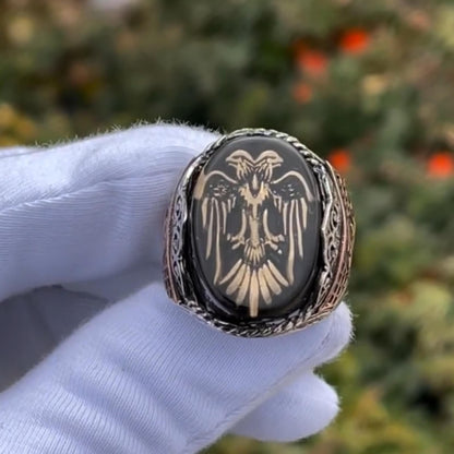 Double-Headed Eagle Ring – Black Amber & Initial Engraving | 925 Silver