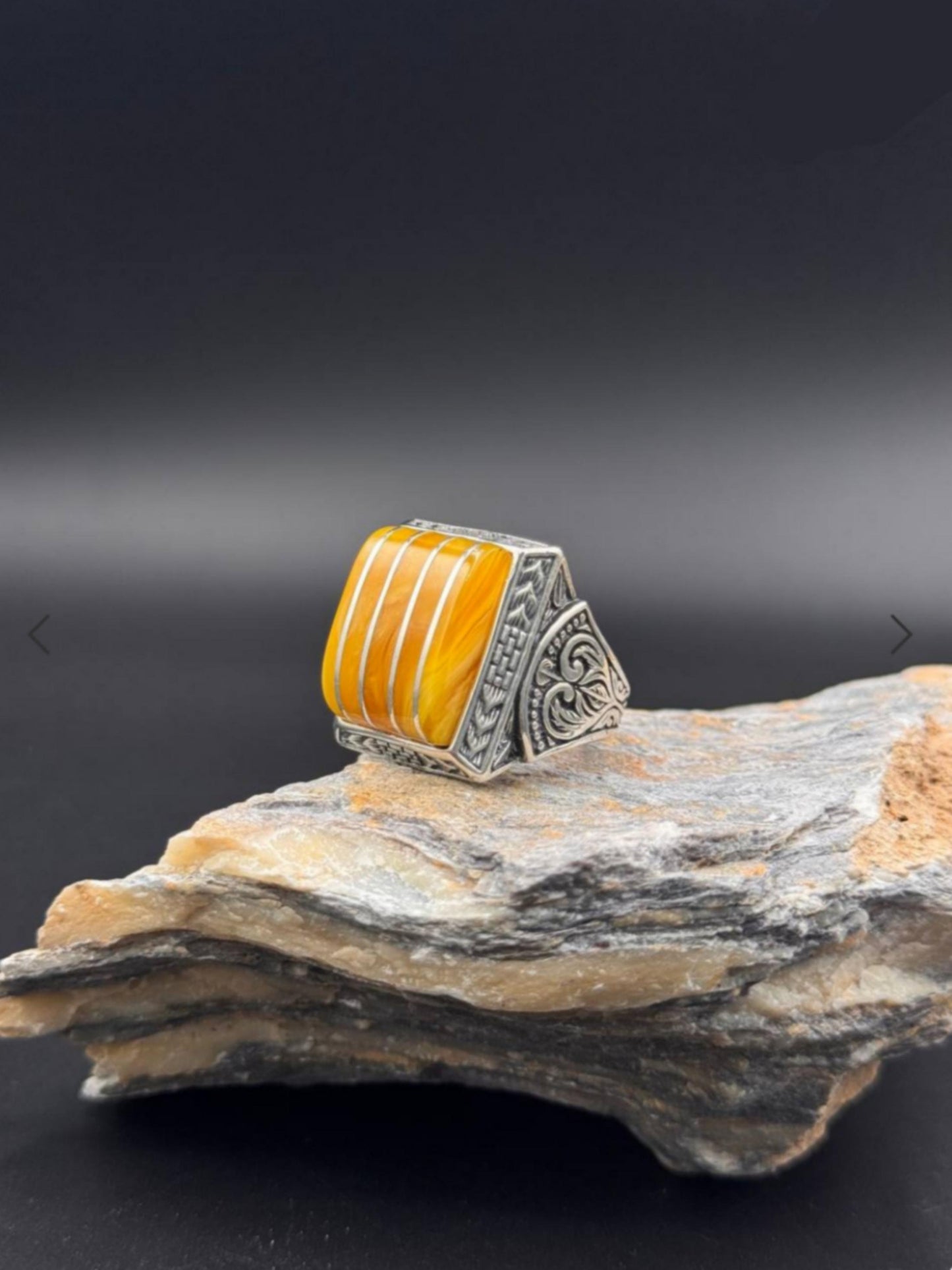 Yellow Amber Ring – 925 Sterling Silver Unisex | Islamic Motif