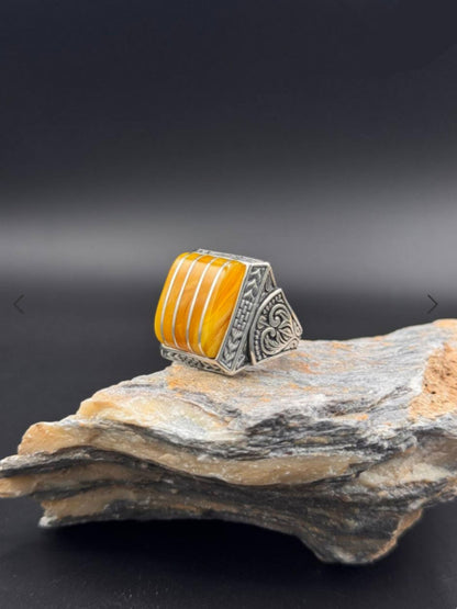 Yellow Amber Ring – 925 Sterling Silver Unisex | Islamic Motif