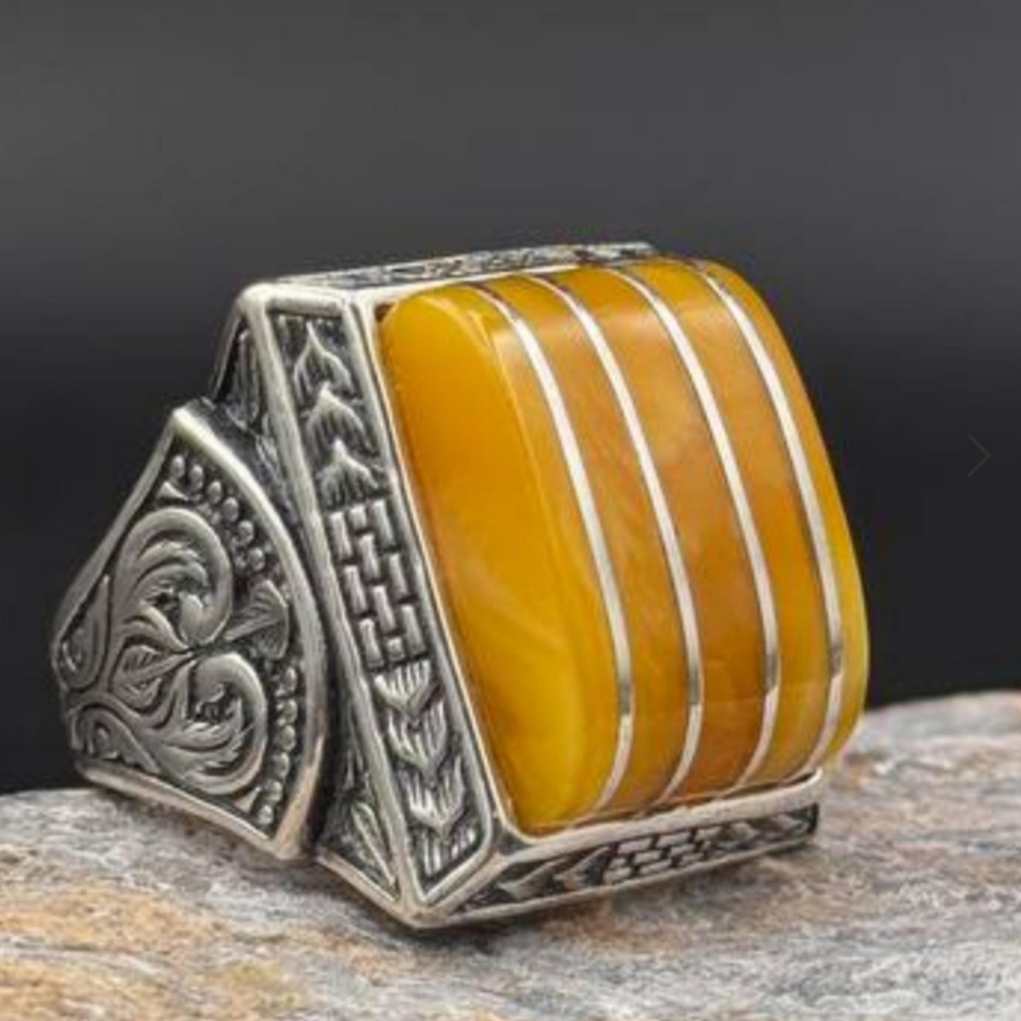 Yellow Amber Ring – 925 Sterling Silver Unisex | Islamic Motif