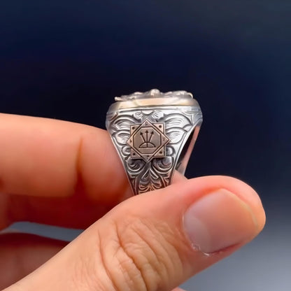 Wolf Ring – Garnet Stone & Oghuz Khan Seal | 925 Silver Men's Ring