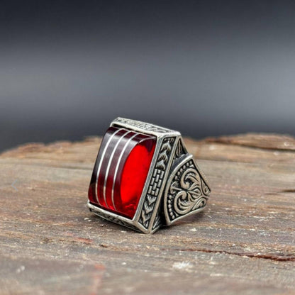 Rough Red Amber Ring – Hand-Engraved Band | 925 Silver Men's Ring