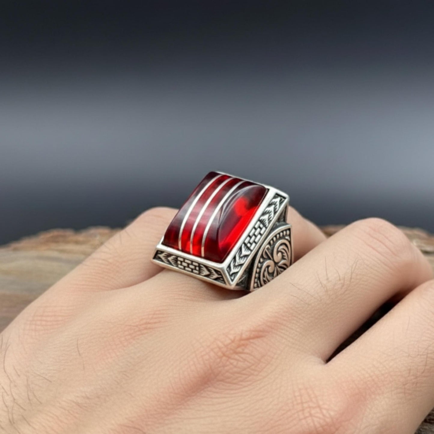Rough Red Amber Ring – Hand-Engraved Band | 925 Silver Men's Ring