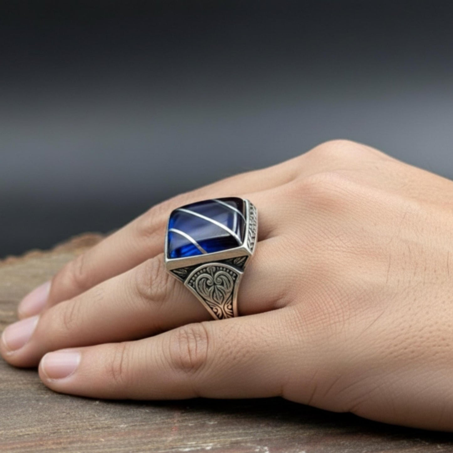 Blue Amber Ring – Hand-Engraved Band | 925 Silver Men's Ring