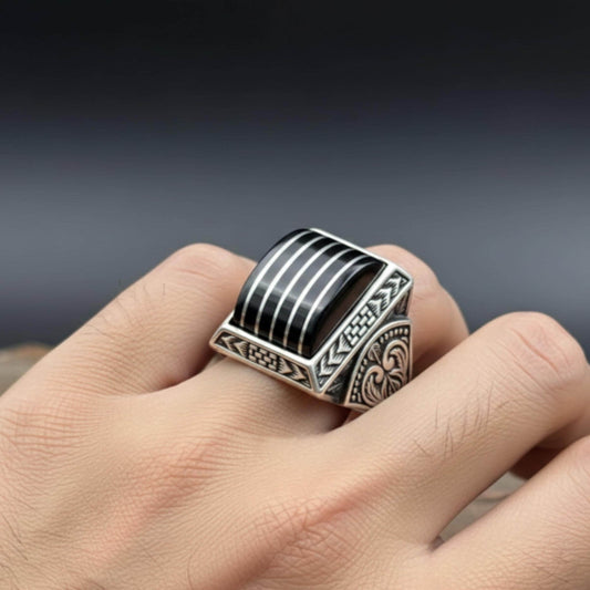 Black Amber Ring – Hand-Engraved Band | 925 Silver Men's Ring