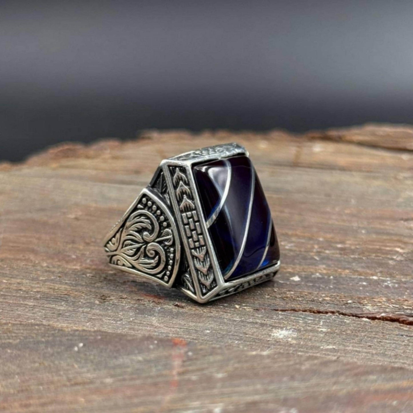 Blue Amber Ring – Hand-Engraved Band | 925 Silver Men's Ring