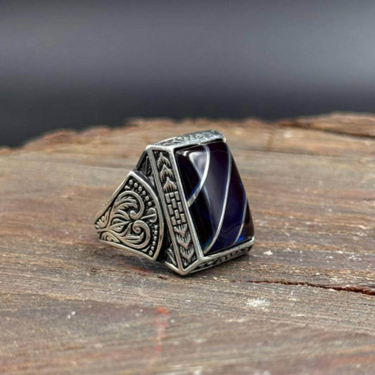 Blue Amber Ring – Hand-Engraved Band | 925 Silver Men's Ring