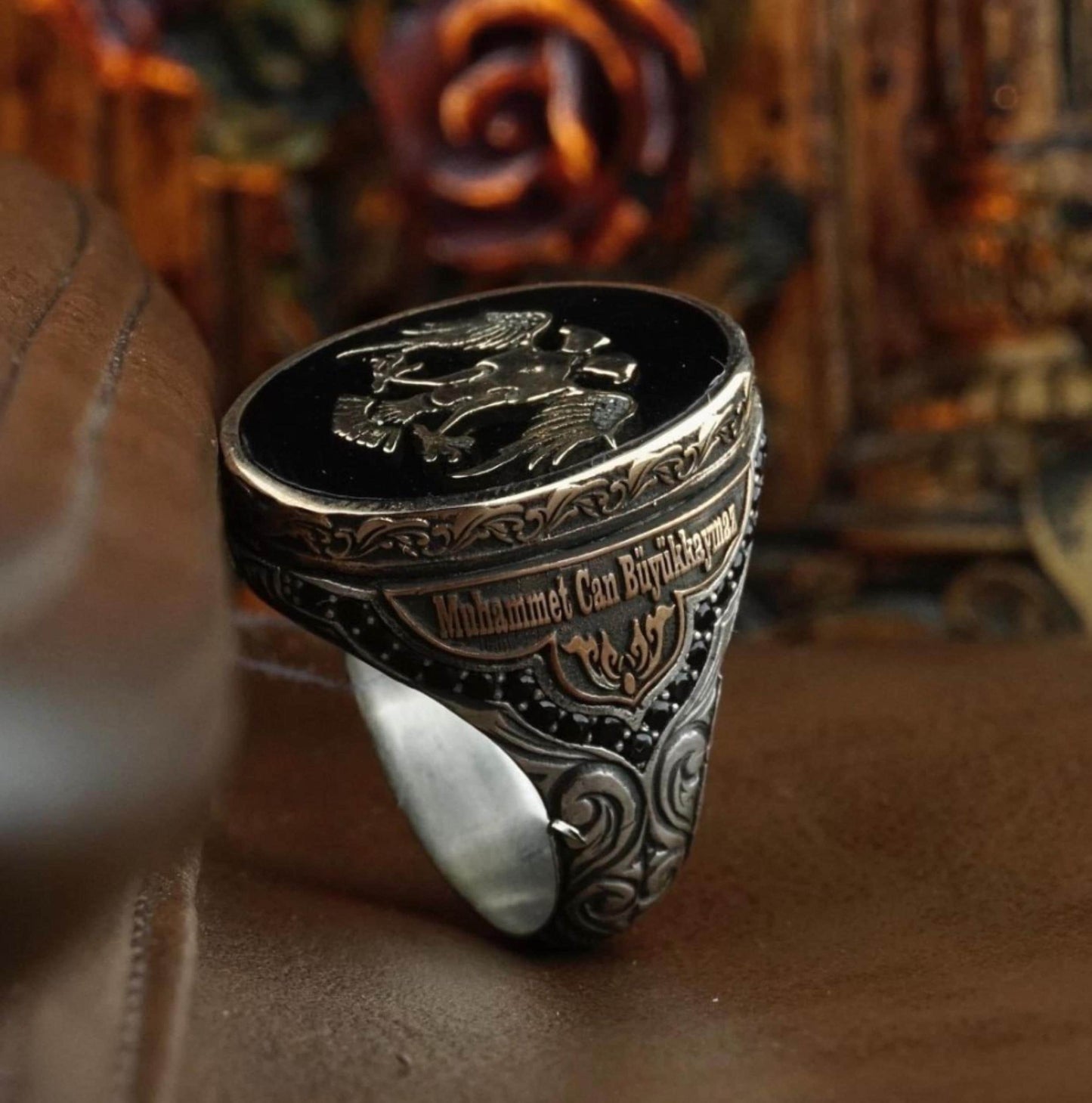 Seljuk Eagle Ring – Black Zircon & Name Engraving | 925 Silver