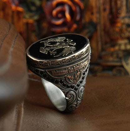 Seljuk Eagle Ring – Black Zircon & Name Engraving | 925 Silver