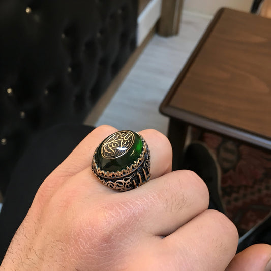 La Galibe Illallah Ring – Green Amber 925 Silver | Islamic Men's Ring