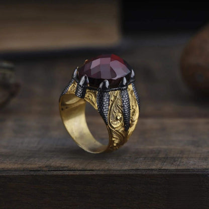 Red Zircon Ring – Gold Plated Claw Setting | 925 Silver Men's Ring