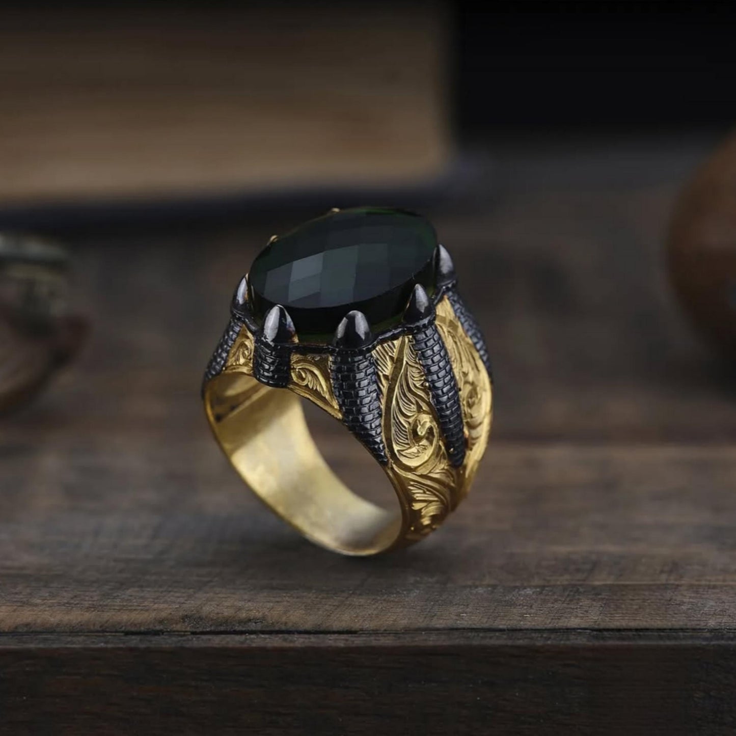 Green Zircon Ring – Gold Plated Claw Setting | 925 Silver Men's Ring