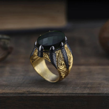 Green Zircon Ring – Gold Plated Claw Setting | 925 Silver Men's Ring
