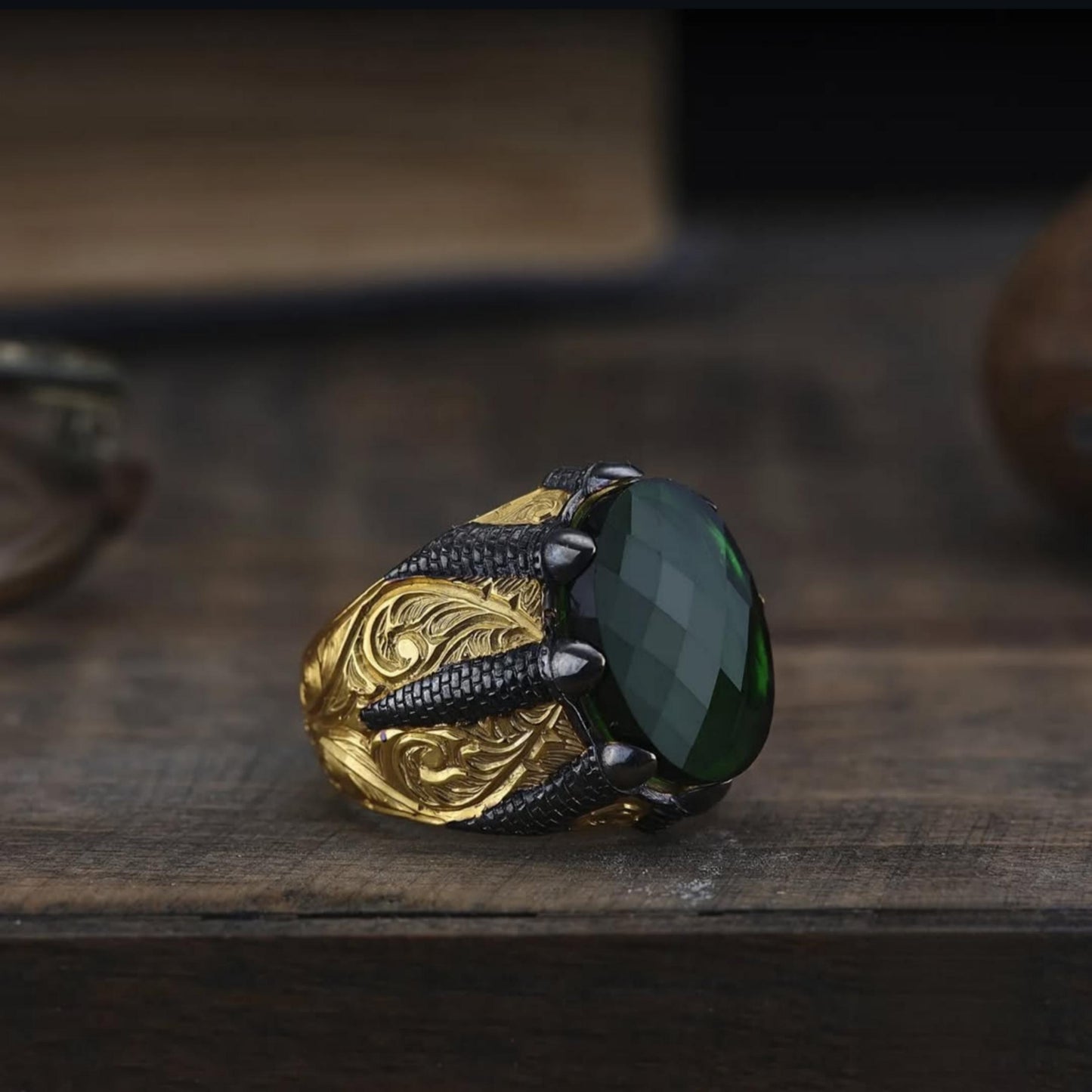Green Zircon Ring – Gold Plated Claw Setting | 925 Silver Men's Ring