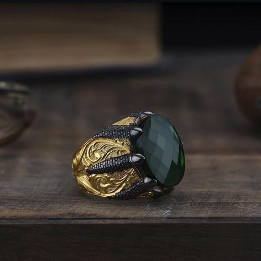 Green Zircon Ring – Gold Plated Claw Setting | 925 Silver Men's Ring