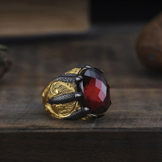 Red Zircon Ring – Gold Plated Claw Setting | 925 Silver Men's Ring