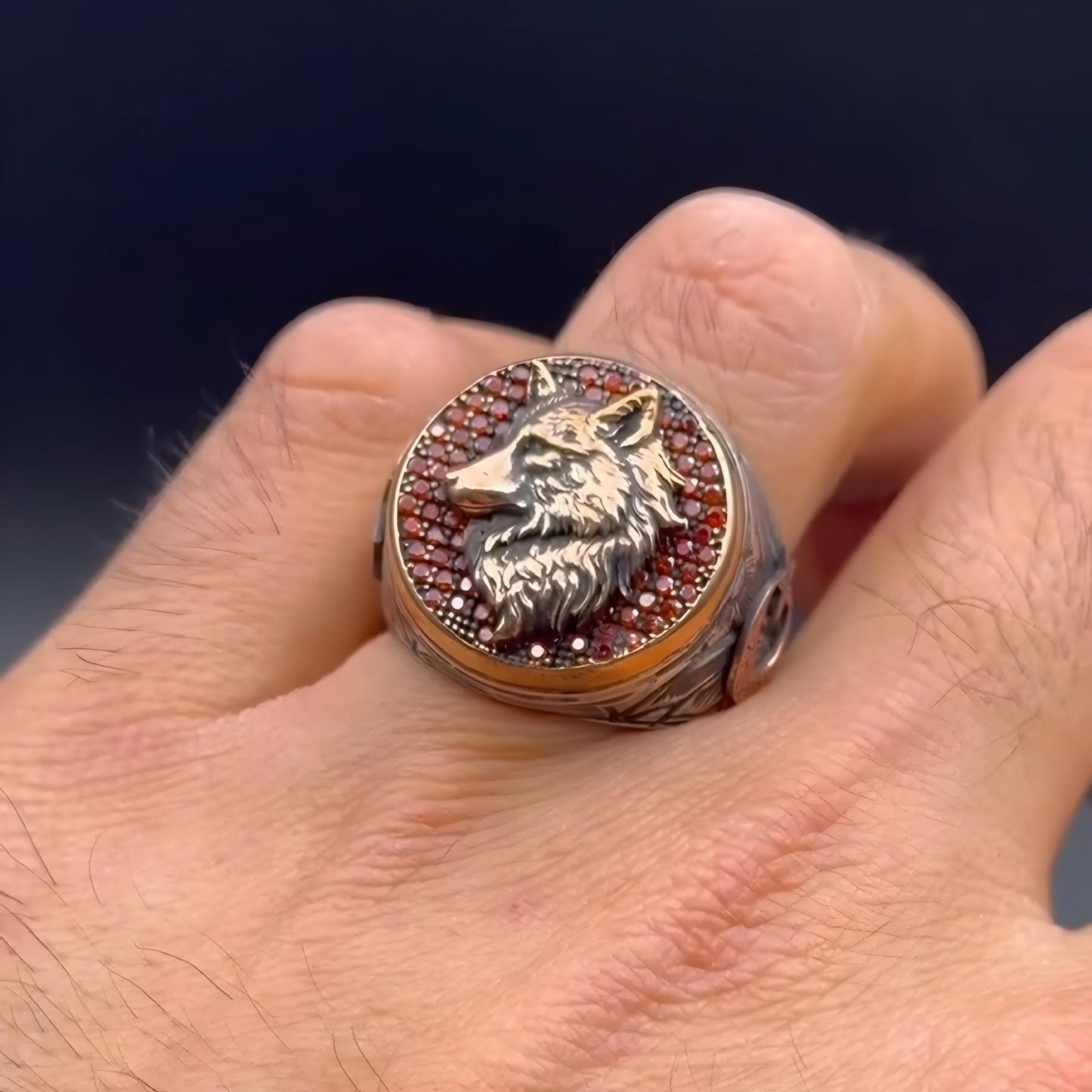 Wolf Ring – Garnet Stone & Oghuz Khan Seal | 925 Silver Men's Ring
