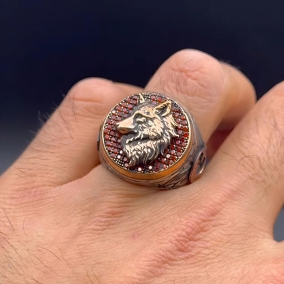 Wolf Ring – Garnet Stone & Oghuz Khan Seal | 925 Silver Men's Ring