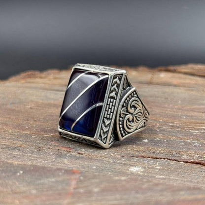 Blue Amber Ring – Hand-Engraved Band | 925 Silver Men's Ring