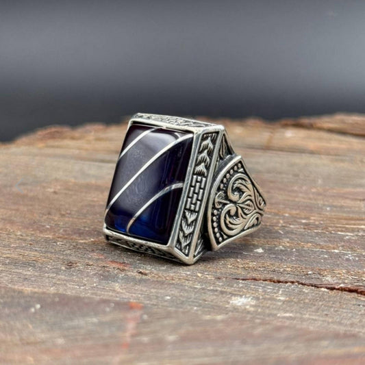 Blue Amber Ring – Hand-Engraved Band | 925 Silver Men's Ring