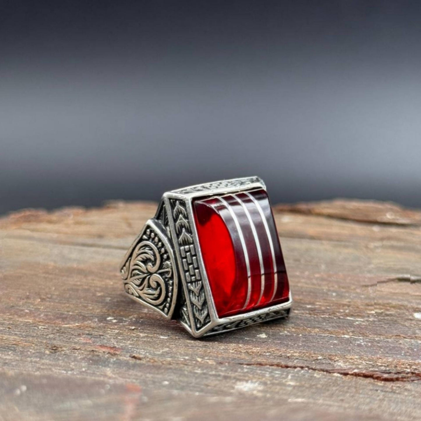 Rough Red Amber Ring – Hand-Engraved Band | 925 Silver Men's Ring