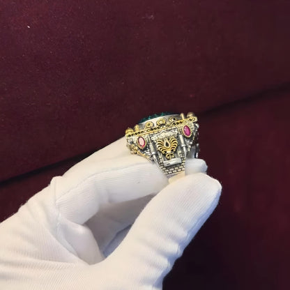 Statement-Ring für Herren, smaragdgrüner, facettierter Stein, handgefertigter Silberring, Schmuck aus dem Nahen Osten