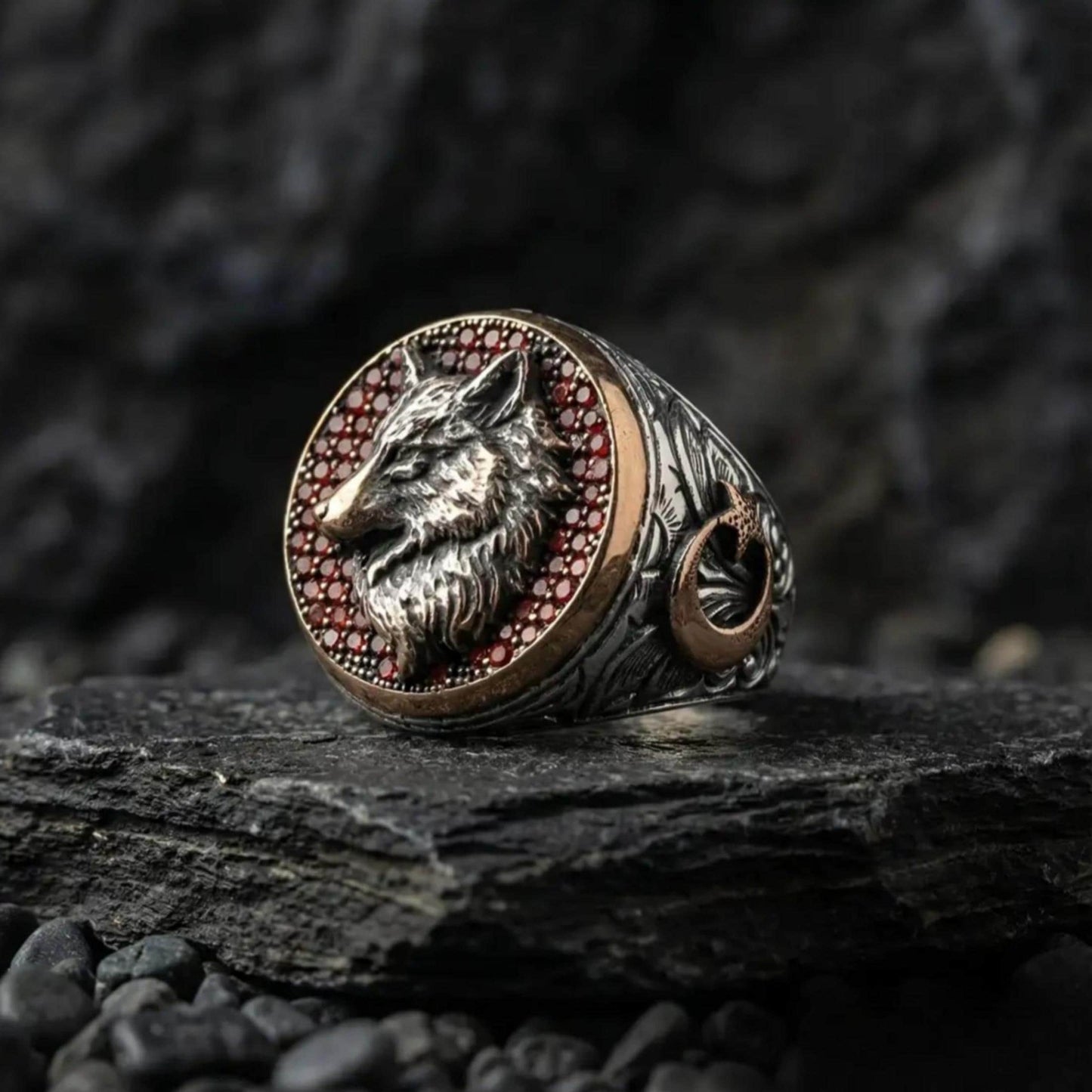 Wolf Ring – Garnet Stone & Oghuz Khan Seal | 925 Silver Men's Ring