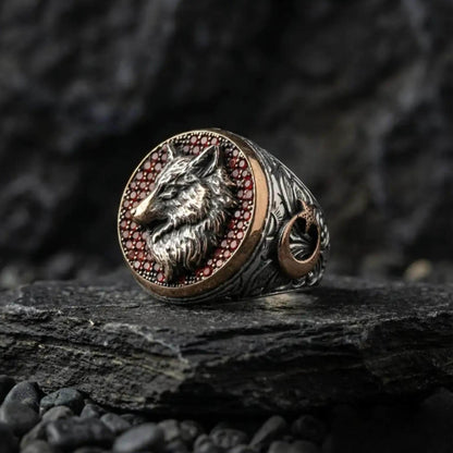 Wolf Ring – Garnet Stone & Oghuz Khan Seal | 925 Silver Men's Ring