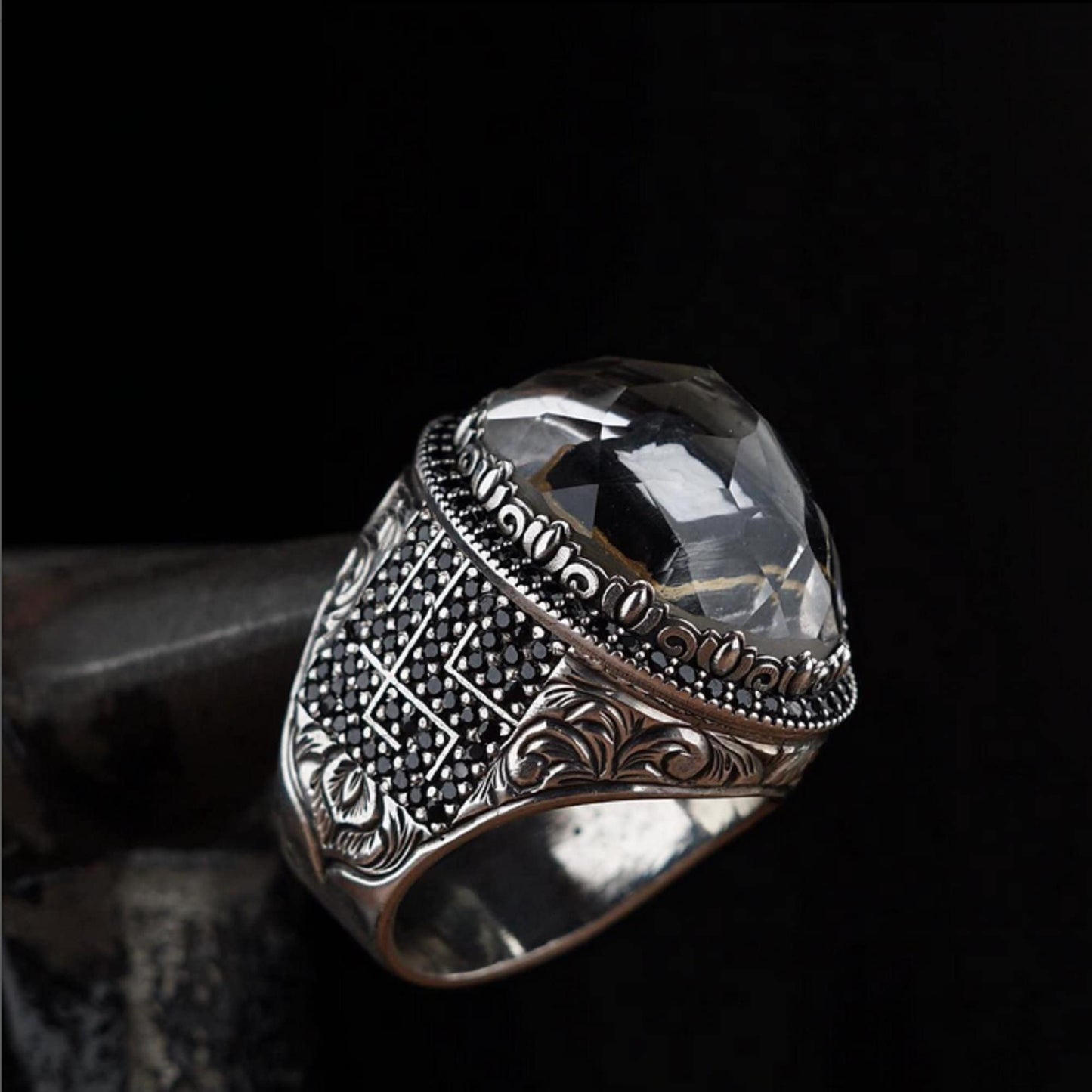 Kaaba Crystal Quartz Ring 925 Sterling Silver Kufic Calligraphy OttomanHandcrafted