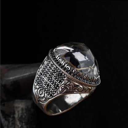 Kaaba Crystal Quartz Ring 925 Sterling Silver Kufic Calligraphy