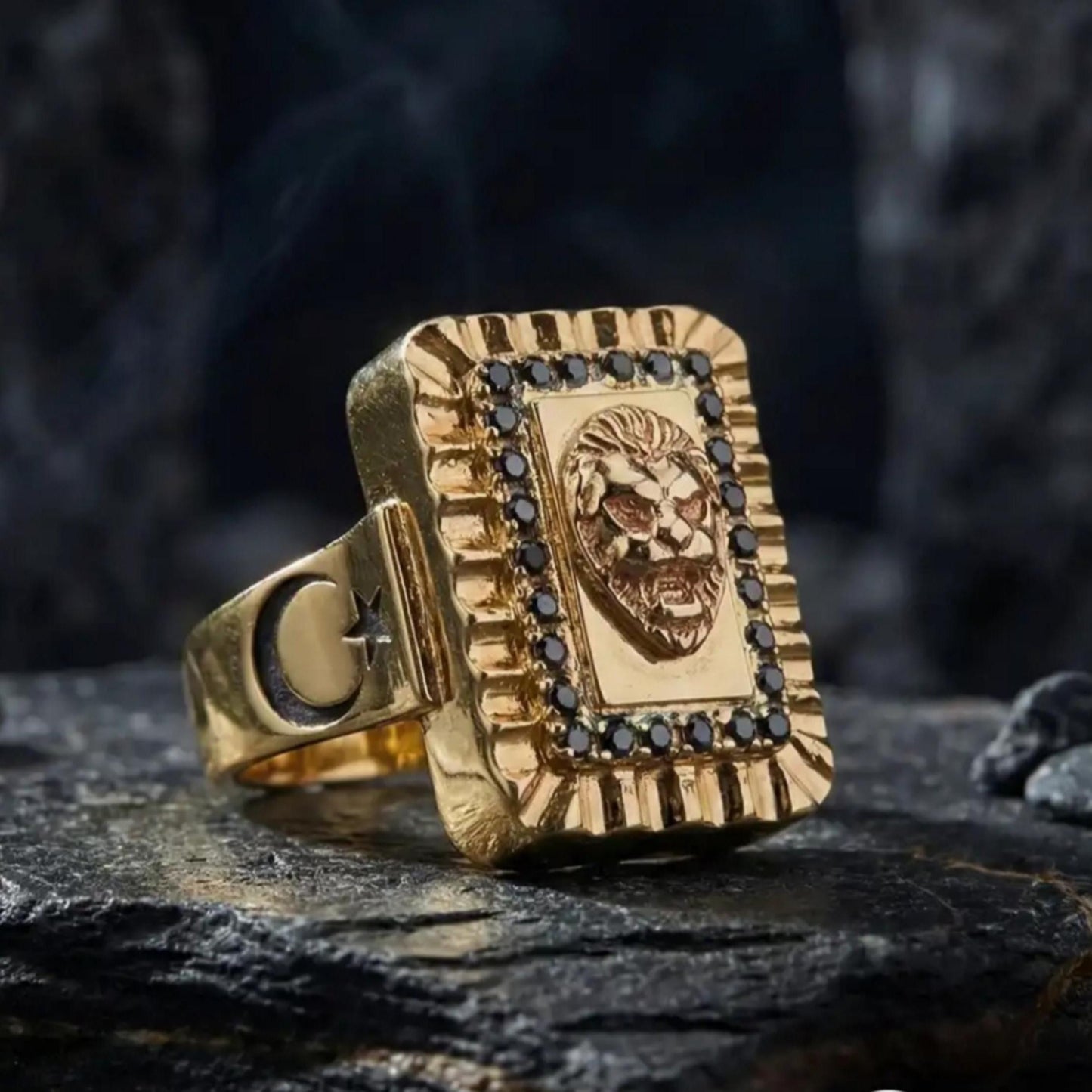 Lion Ring 925 Silver Gold Plated Black Zircon Ottoman Handmade