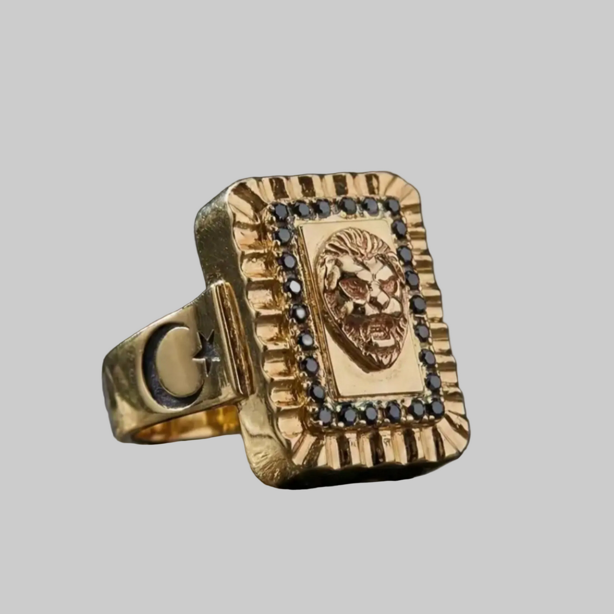 Lion Ring 925 Silver Gold Plated Black Zircon Ottoman Handmade