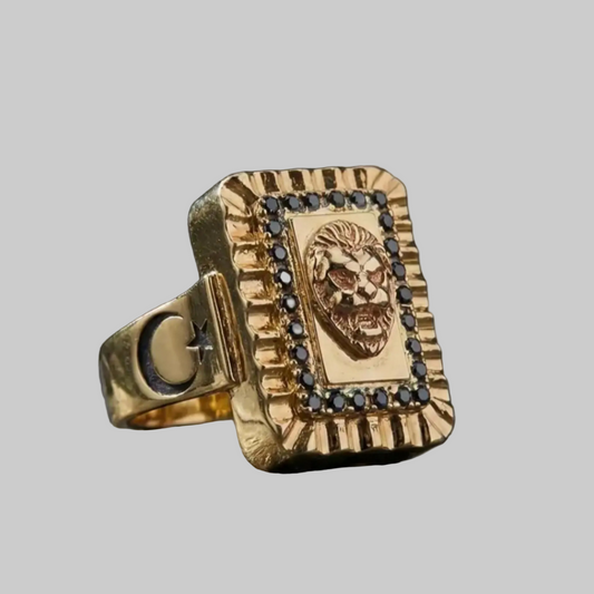 Lion Ring 925 Silver Gold Plated Black Zircon Ottoman Handmade