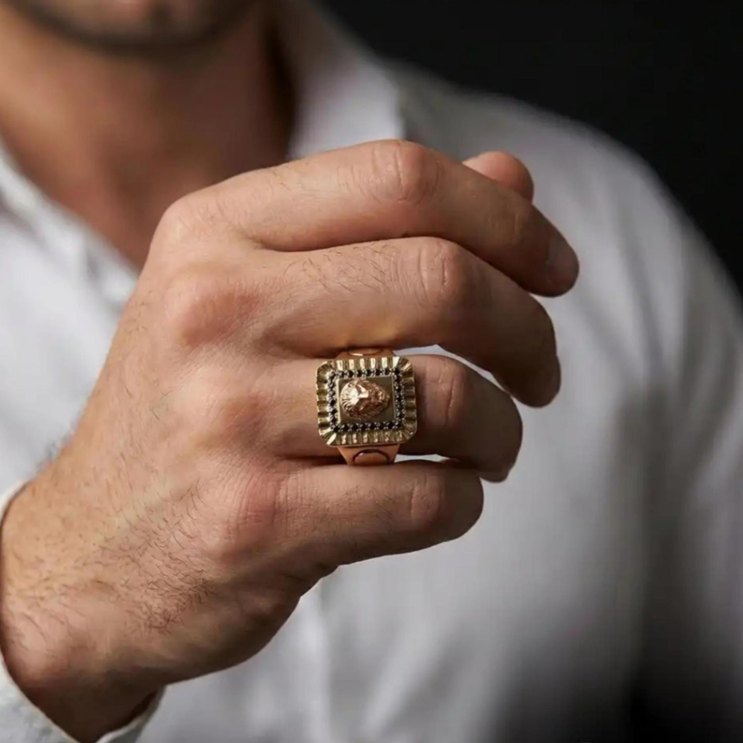 Lion Ring 925 Silver Gold Plated Black Zircon Ottoman Handmade