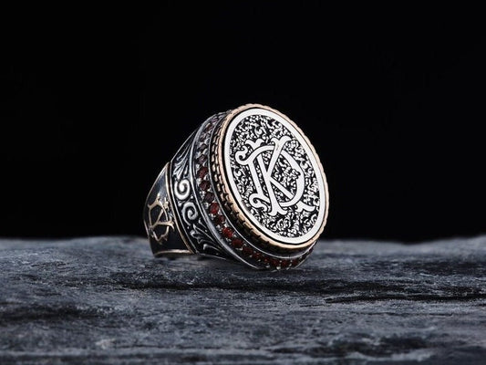 Initial letter men's ring with red garnet in 925 sterling silver