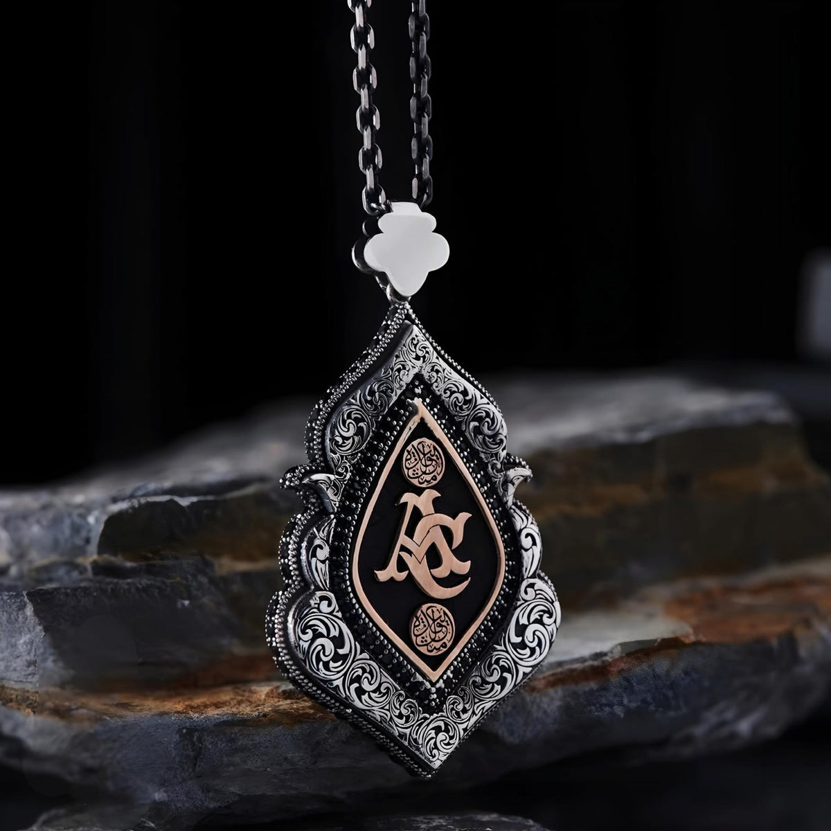 Initial Letter Necklace Black Zircon Seljuk Motif in 925 sterling silver