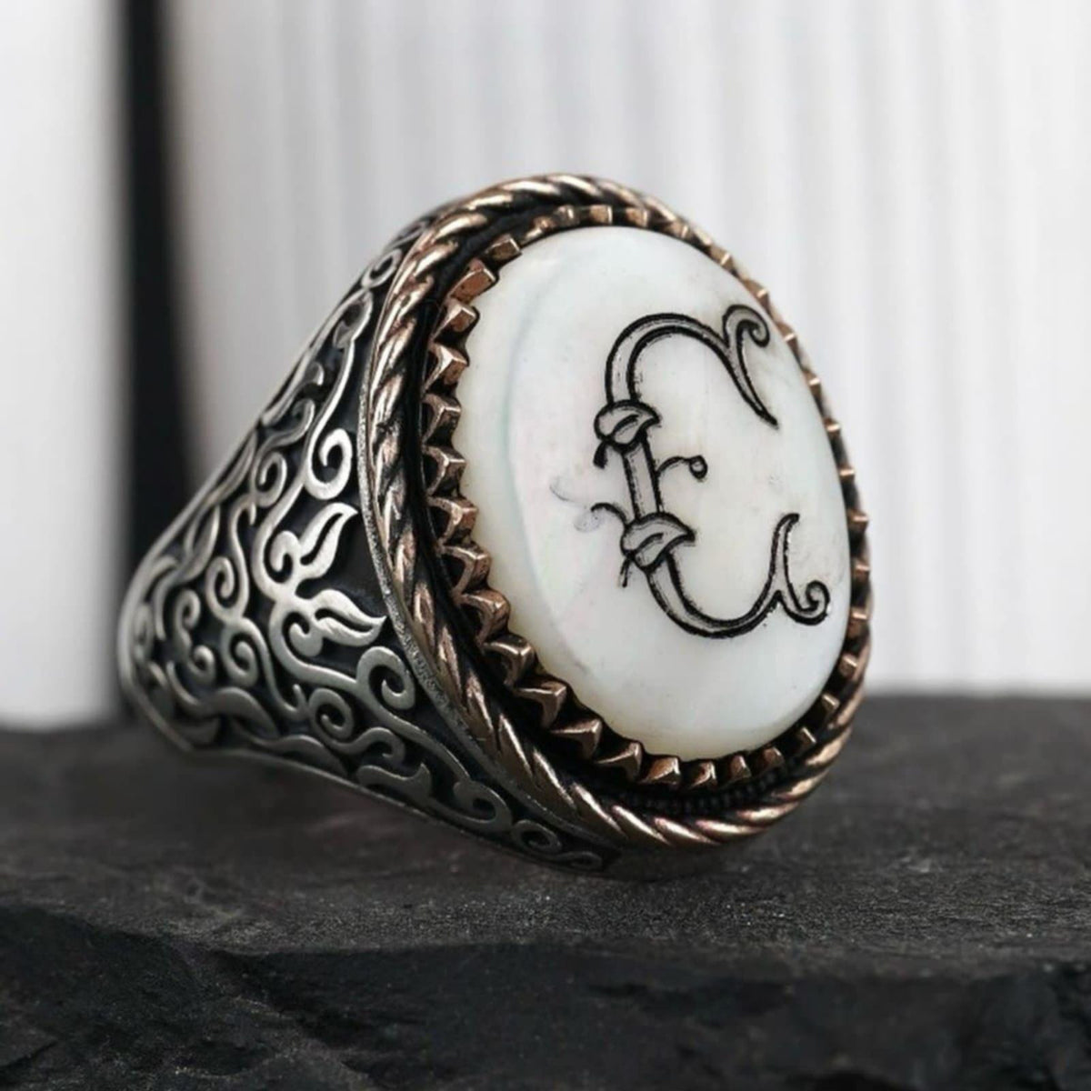 Initial Mother of Pearl Ring Personalized in 925 sterling silver