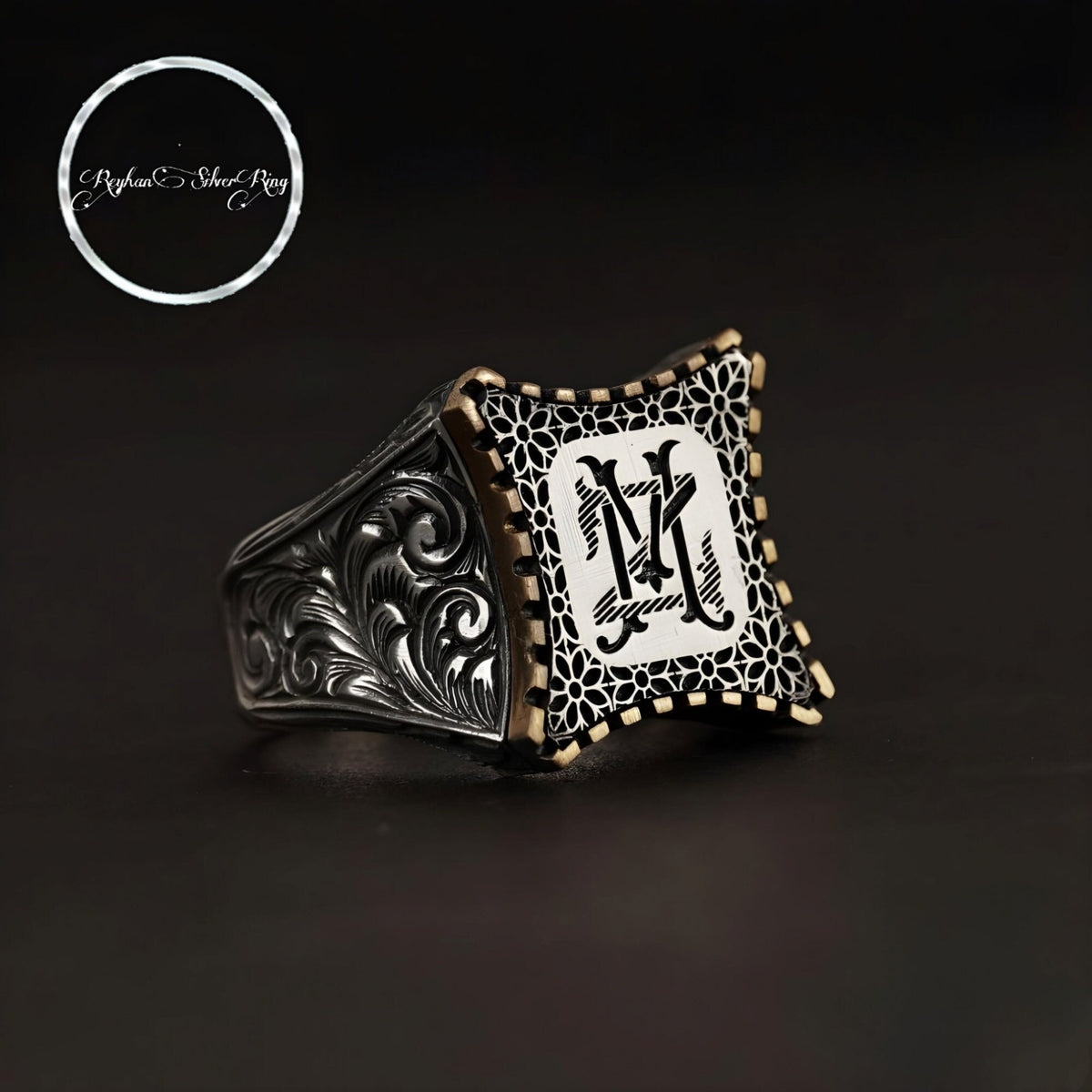 Initial signet ring with silver plate in bronze setting in 925 sterling silver