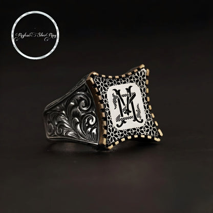 Initial signet ring with silver plate in bronze setting in 925 sterling silver