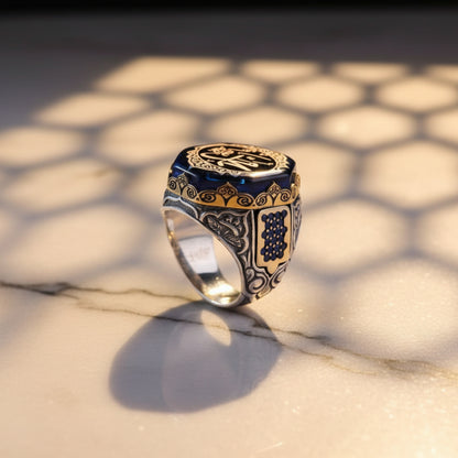 Einzigartiger, handgefertigter osmanischer Schmuck – Verstellbarer Silberring mit blauem Bernstein
