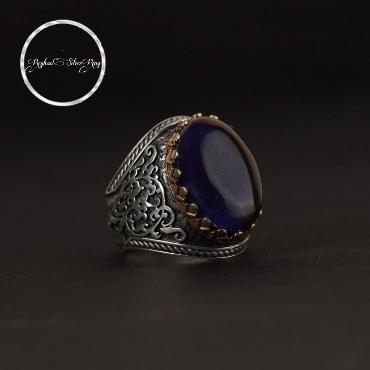 Ivy pattern men's ring with dark blue fire amber in 925 sterling silver