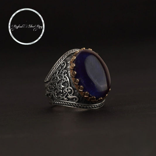 Ivy pattern men's ring with dark blue fire amber in 925 sterling silver